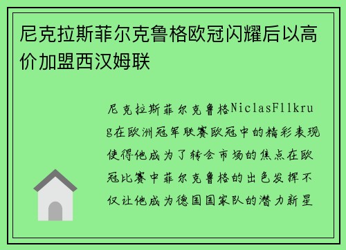 尼克拉斯菲尔克鲁格欧冠闪耀后以高价加盟西汉姆联 尼克拉斯菲尔克鲁格欧冠闪耀后以高价加盟西汉姆联